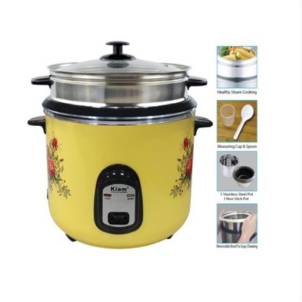 Kiam Rice Cooker Double Pot One SS and One Nonstick Full Body Without Joint Straight Shape With Glass Lid-2.8ltr - Image 4